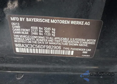 2013 BMW 320I xDrive из США, поврежденный, VIN WBA3C3C56DF982906